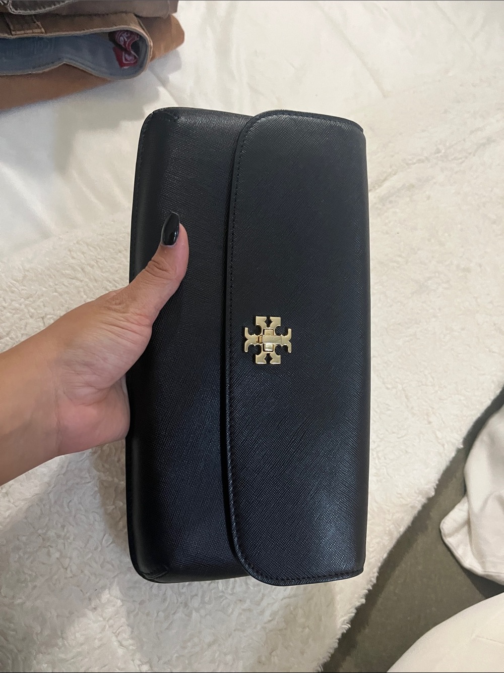 Tory Burch Black Saffiano Leather Wristlet Clutch with Gold Logo